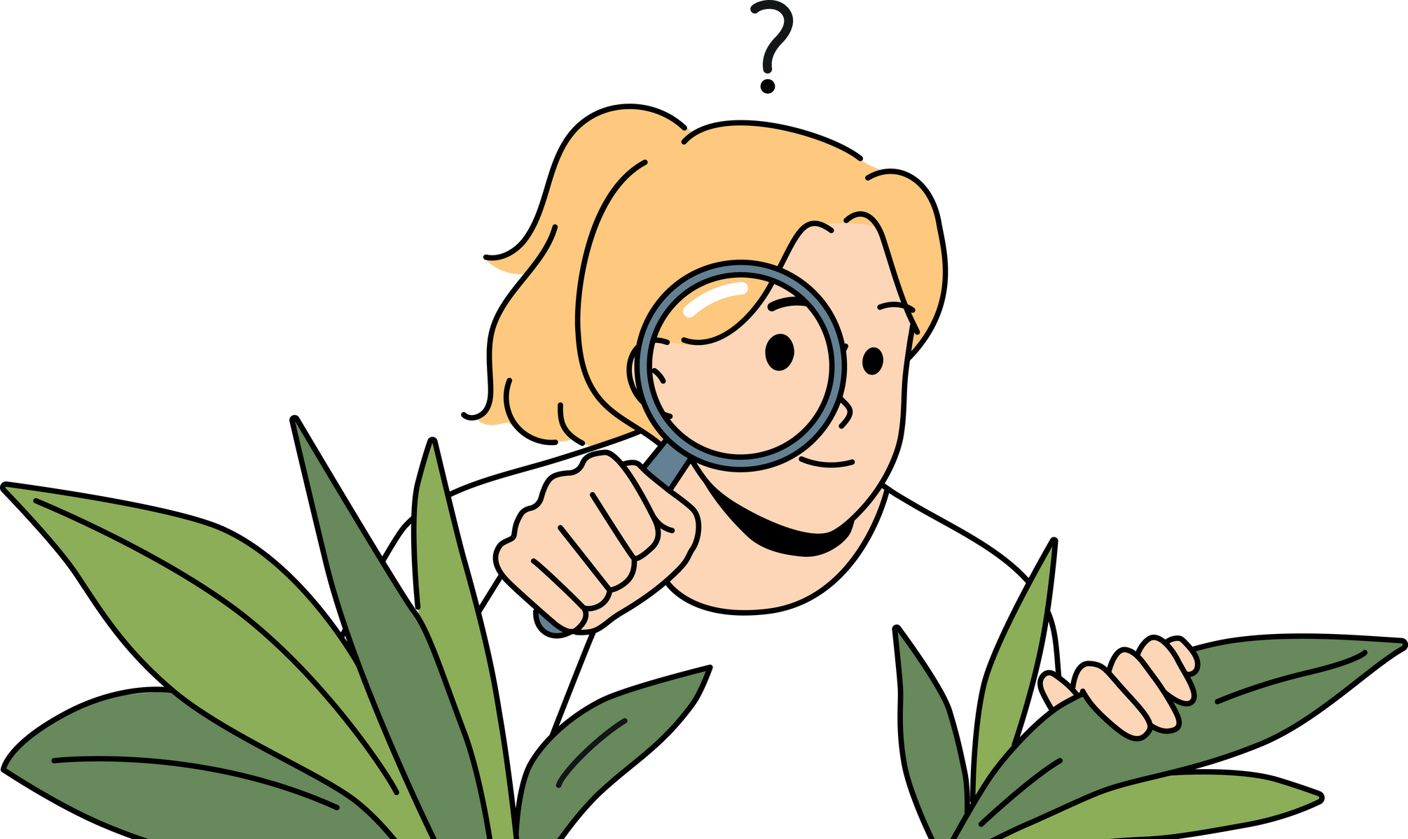 Curious woman with magnifier hide in bushes